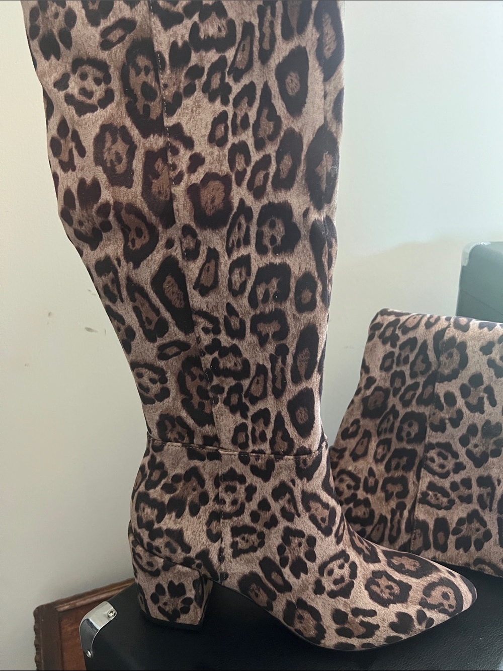 Shania Leopard Print Knee-High Block Heel Boots